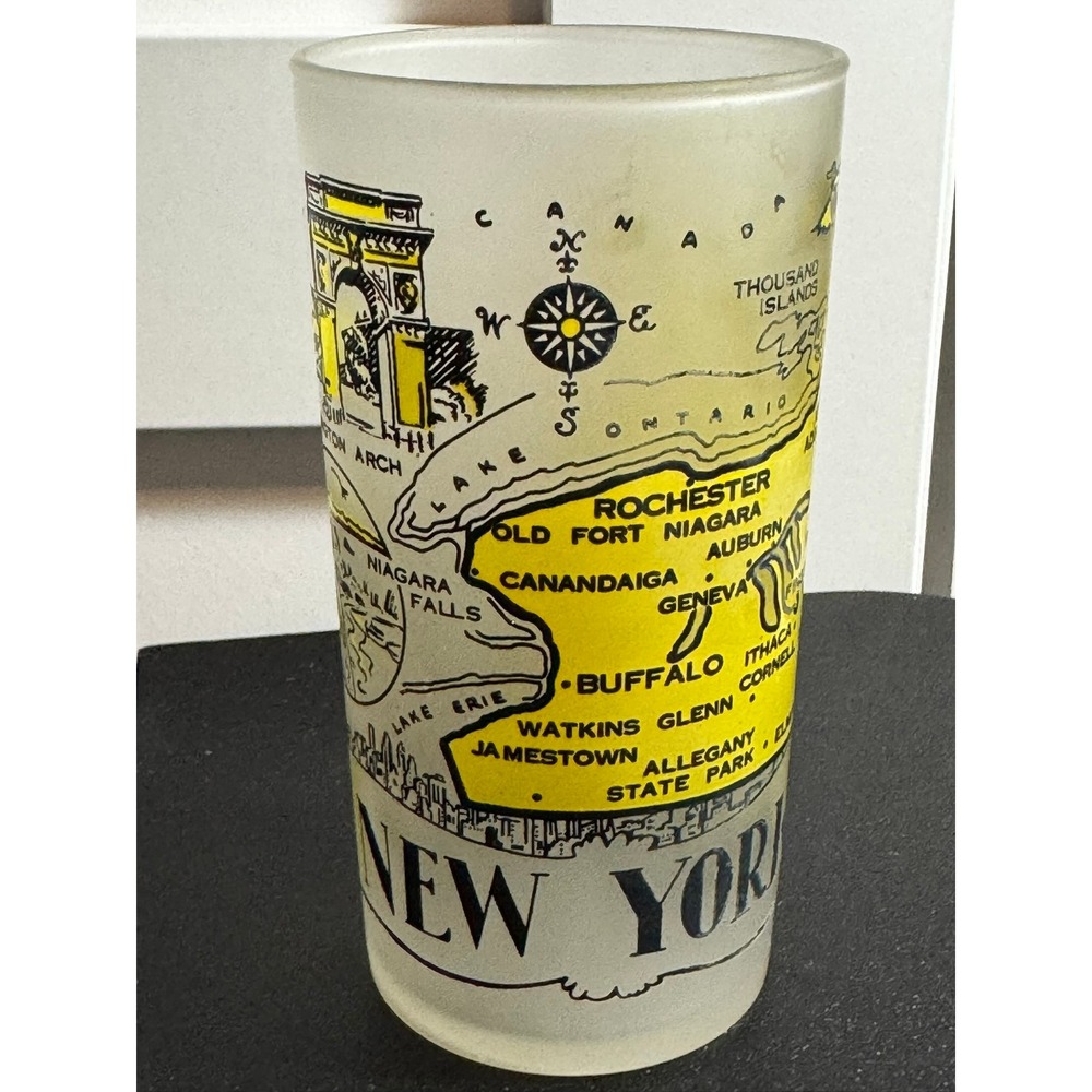 Vintage Frosted New York State Map Souvenir Drinking Glass